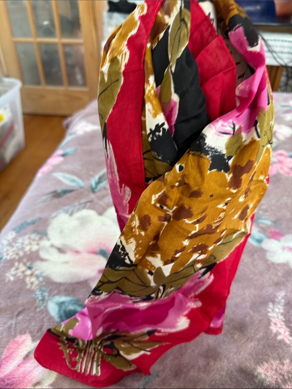 Vans Floral Print Satin Scarf in Hot Pink, Mustard & Black